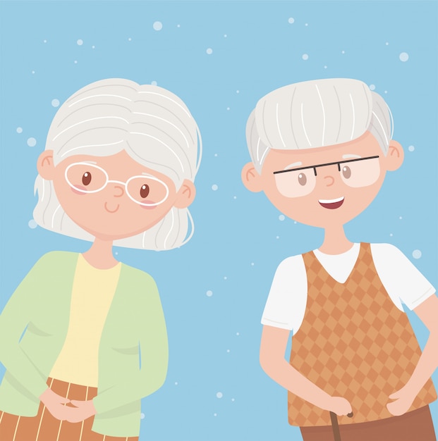 Old people, happy grandparents, mature couple cartoon characters