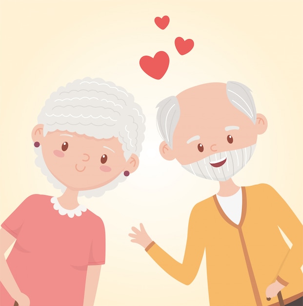 Old people, happy grandparents, mature couple love cartoon characters