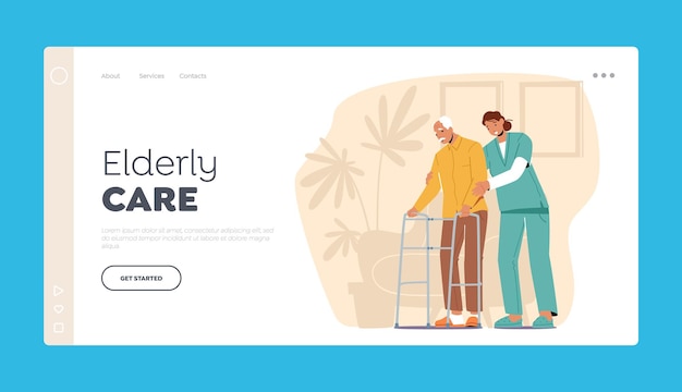 Vector old people health care landing page template volunteer or medic help to aged man with walking frame at nursing house or hospital social worker care of sick senior cartoon people vector illustration