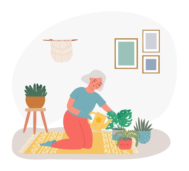 Old people home hobby gardening with plant