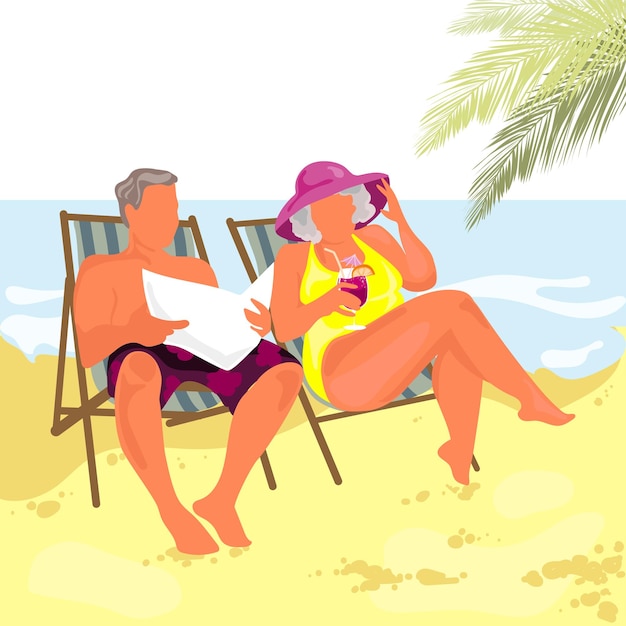 Vettore gli anziani sui lettini bevono cocktail e si rilassano sull'illustrazione vettoriale della spiaggia del marevacanze estive