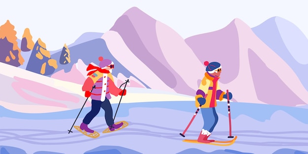 old people on a ski trip mountain landscape with ski tracks winter holidays and travel minimalism