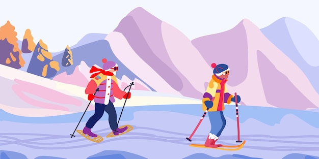 Vector old people on a ski trip mountain landscape with ski tracks winter holidays and travel minimalism