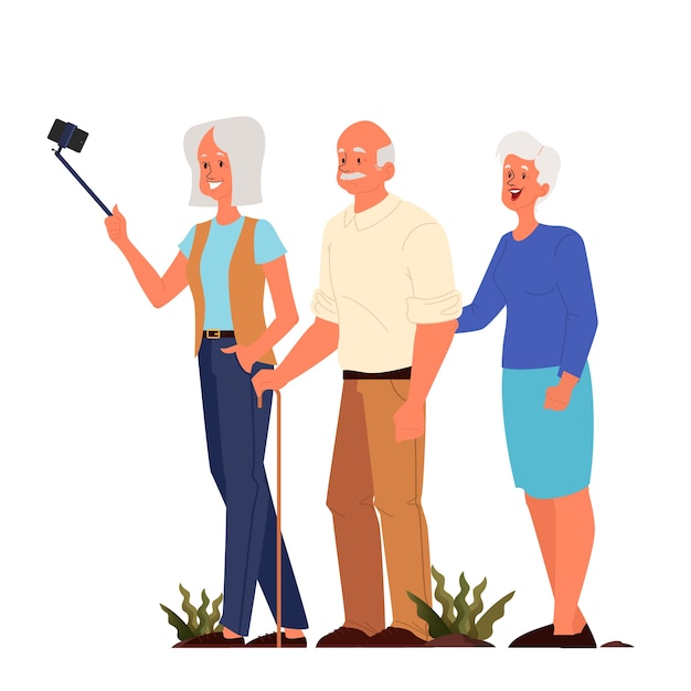 Старики берут эльфа вместе. Пожилые персонажи фотографируют себя. Жизнь стариков. Пожилые люди, ведущие активную общественную жизнь.