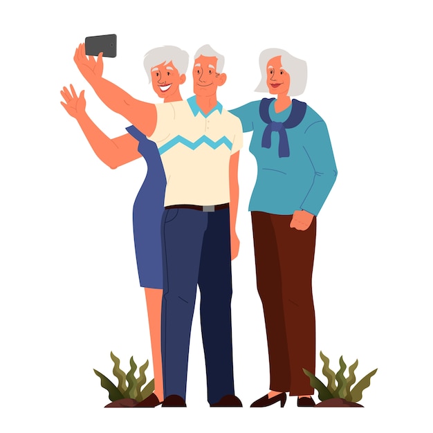 Vector old people taking selfie together. elderly characters taking photo of themselves. old people lifestyle concept. seniors having an active social life.