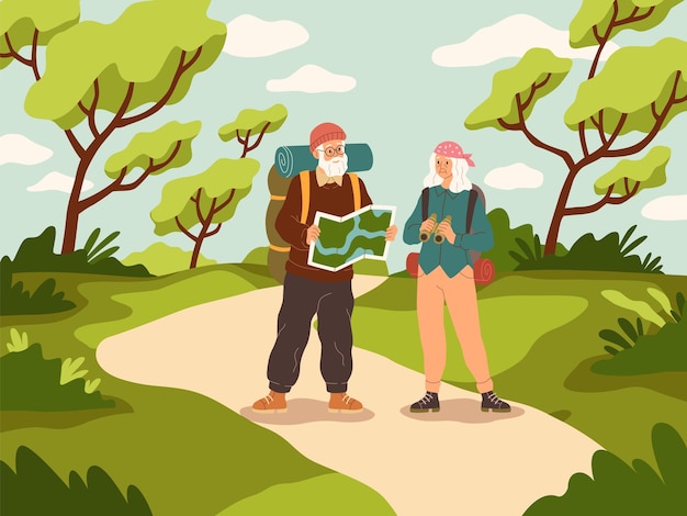 Vector old people tourist walk happy active elder couple with backpack summer trip adventure senior people vacation trekking and hiking in forest outdoor walking in woods vector cartoon travel concept