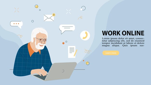 Vector old people use internet modern senior man with laptop progressive grandpa use notebook work online