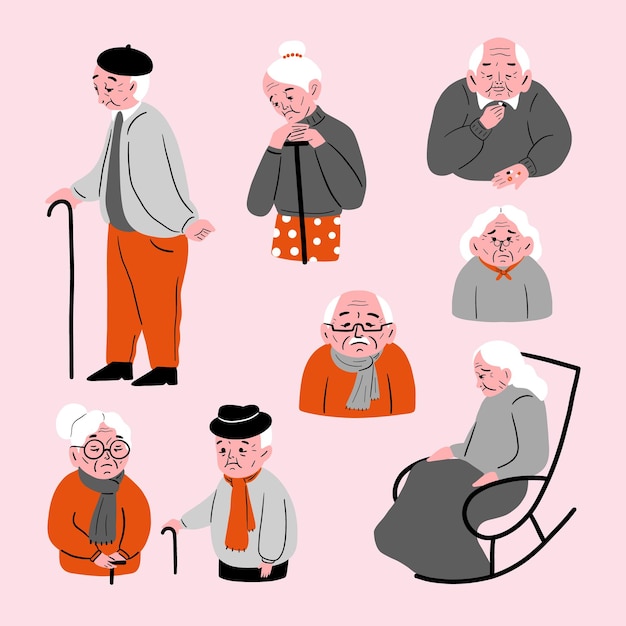 Vettore una persona anziana che si sente sola problemi di salute degli anziani solitudine senilità affaticamento stanchezza cartoon people vector illustration