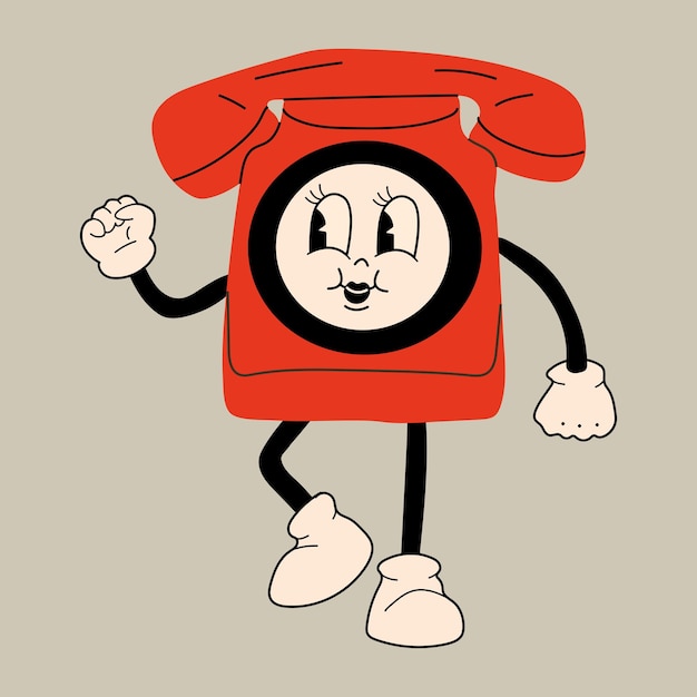 Old phone vintage. Cute cartoon character with hands, legs, eyes. Retro comic style.