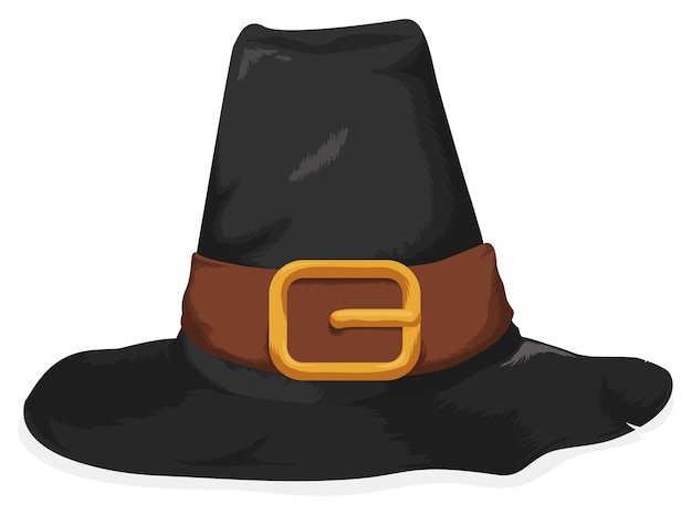 Old pilgrim hat with wrinkled and ragged brim leather band and golden buckle on white background