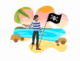 Vector old pirate holding black flag vector illustration