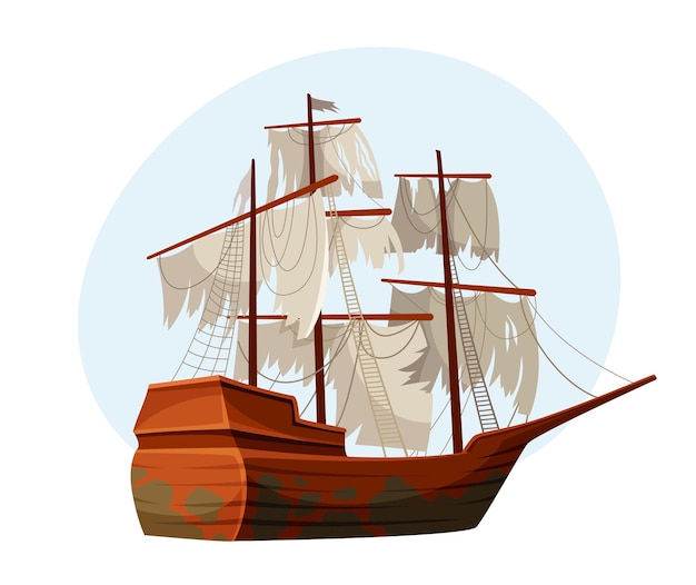 Old pirate ship sticker Nautical vessel with torn white flag Adventure and criminal in sea Sticker for social networks and messengers Cartoon flat vector illustration isolated on white background