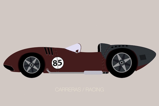 Old racing car, side view, flat design style