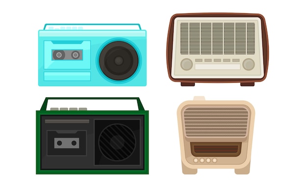 Vettore collezione di vecchie radio e cassette vintage obsolete dispositivi digitali portatili vettore