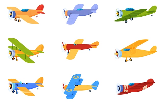 Old retro propeller planes Airplanes for flight in the sky among the clouds Vector illustration