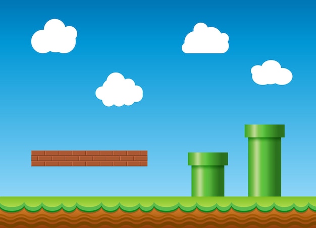 Vector old retro video game background. classic retro style game design scenery.