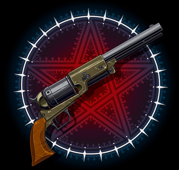 Vector old revolver with red pentagram star