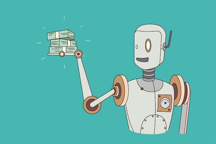 Vector old robot hold stack of money in hands