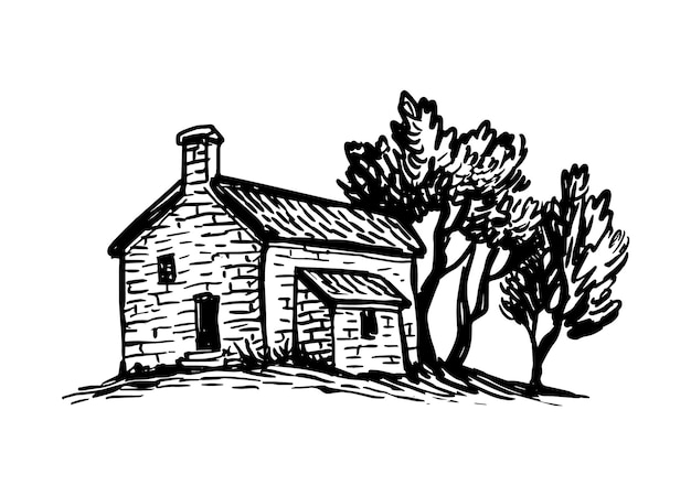 Old rural house Hand drawn ink sketch