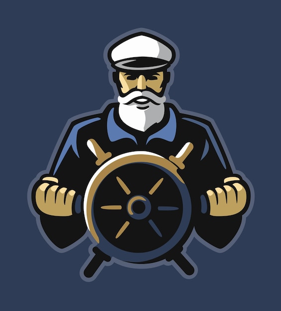 Old sailor captain holding ship steering wheel.