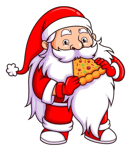 The old santa claus is eating a slice of pizza in the christmas party