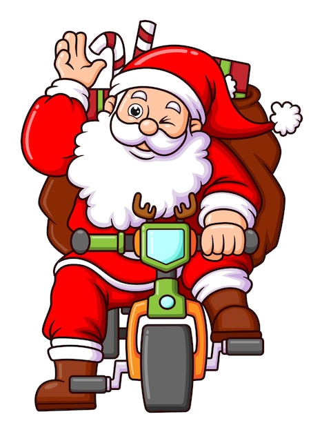 The old santa claus is riding a bicycle to deliver the gift boxes while greeting
