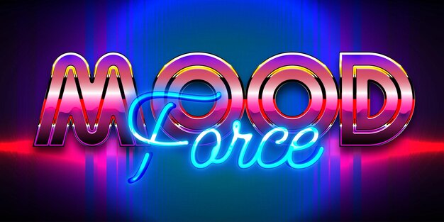 Vector old school 80s mood force retro futuristic shiny metallic editable text effect