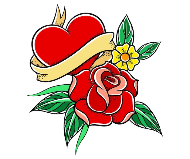 Old School Badge with Stylized Red Rose Bud and Heart with Ribbon Vector Illustration