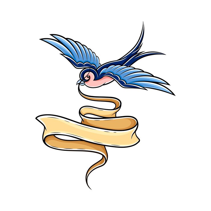 Vector old school blue swallow holding banner or ribbon in its beak vector illustration