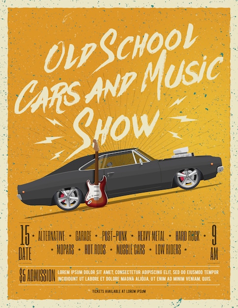 Vettore poster di auto e musica della vecchia scuola