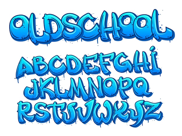 Old school graffiti font cartoon alphabet capital letters in street art style with paint smudges and depth effect urban lettering designer vector set