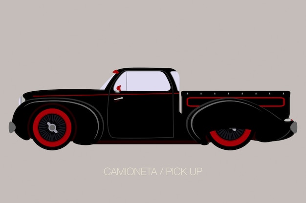 Old school pick up, vector car icon, side view of car