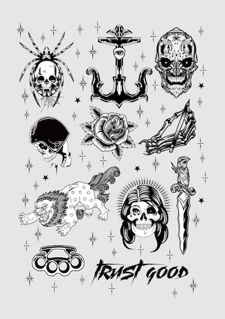 구식 문신 디자인 세트 빈티지 포스터 인쇄