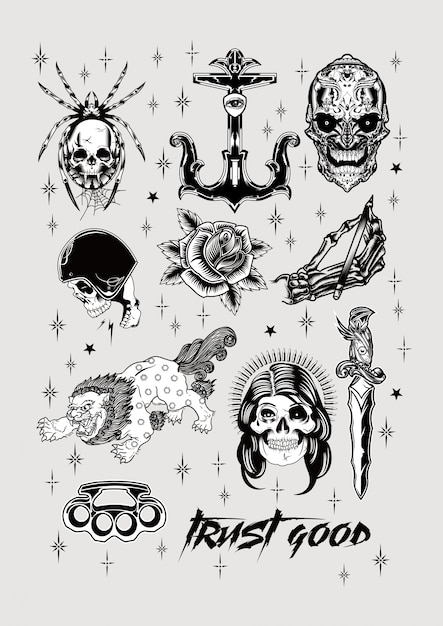 Disegno del tatuaggio vecchia scuola set stampa poster vintage