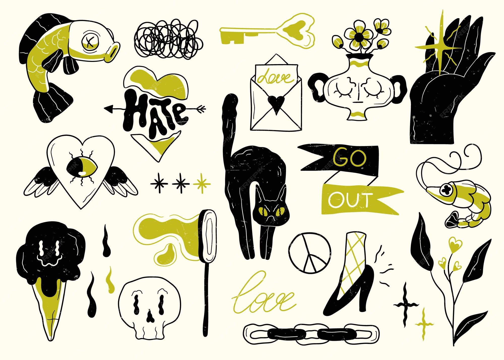Premium Vector | Old school tattoo elements cartoon tattoos in funny style vector illustration Premium Vector | Old school tattoo elements cartoon tattoos in funny style vector illustration