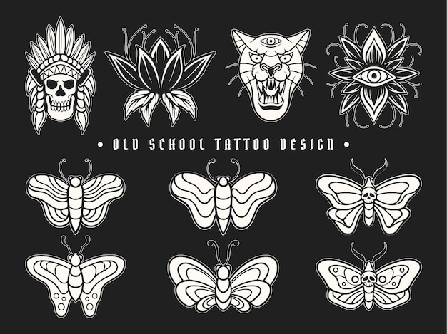 Old school tattoo ontwerp vector illustratie set bundel