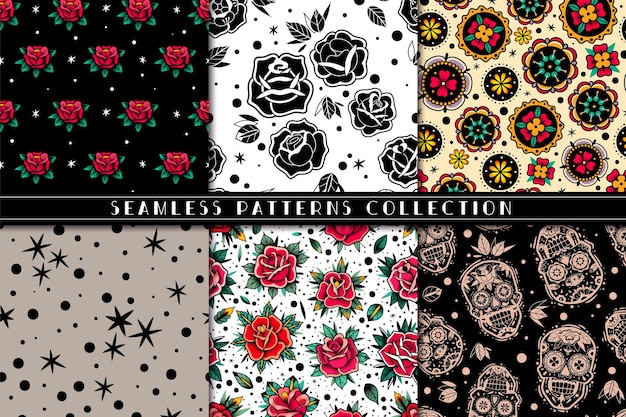 Old school tattoo roses seamless patterns set