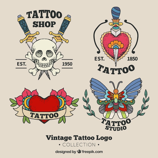 Vector old school tattoo studio logo collection