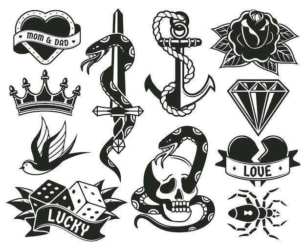 Old school tattoo symbols, heart, knife, knot, roses. Retro tattooing elements snake, crown and dice symbols vector illustration set. Vintage engraving tattoos