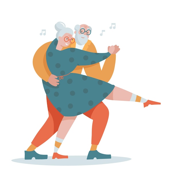 Vector old senior couple people dancing tango together flat cartoon elder man and woman dancing retro dance