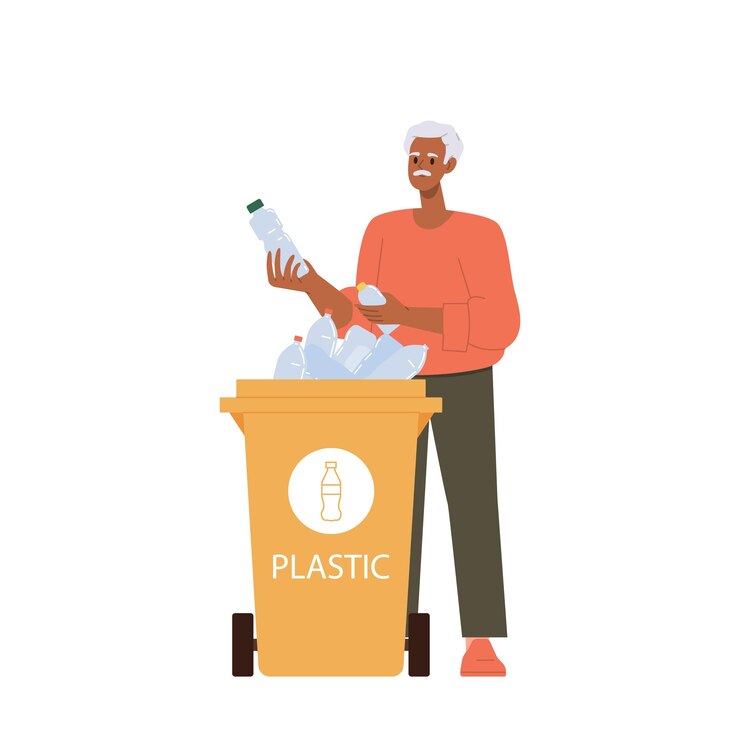 Old senior man cartoon character throwing out plastic bottle into special street trash can dumpster