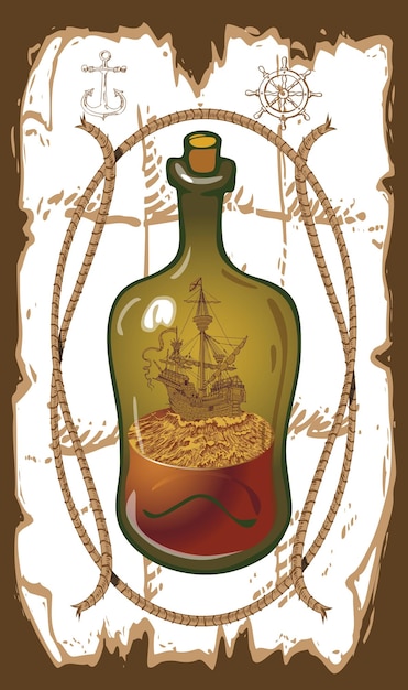 старый корабль в бутылке в стиле мультяшной книжной графики
