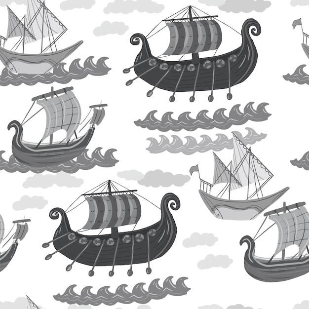 Vector old ships viking ship boats sails sore waves masts oars history