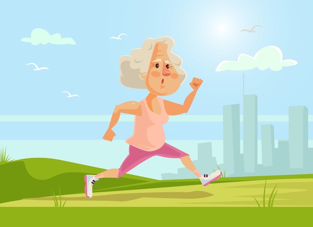 Vector old sport woman character running healthy lifestyle