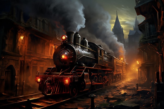 An old steam locomotive arrives at the station in the old city night city moon Mysticism smoke