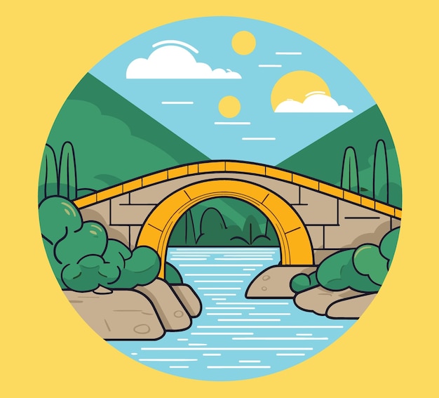 Vector old stone footbridge over river vector illustration in cartoon style