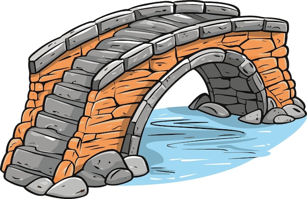 Vecchio ponte pedonale in pietra sul fiume illustrazione vettoriale in stile cartoon