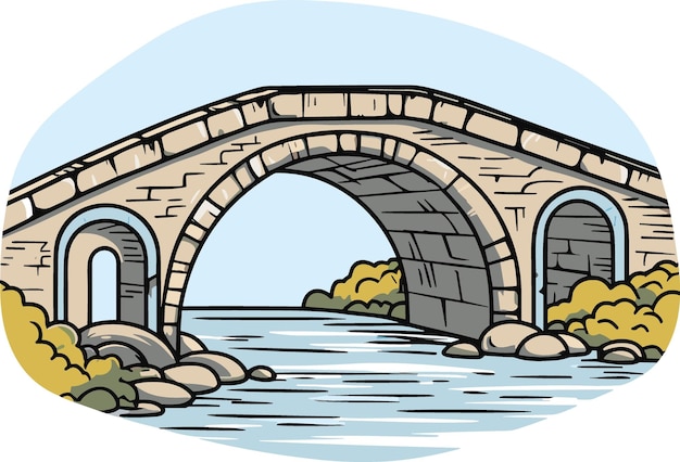 Vettore vecchio ponte pedonale in pietra sul fiume illustrazione vettoriale in stile cartoon