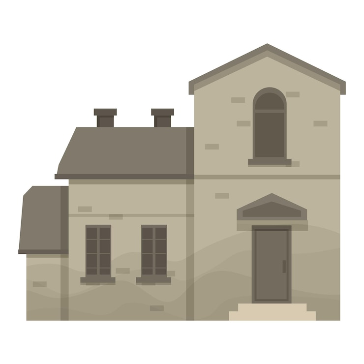 Vector old stone house with two chimneys arched doorway and windows on white background