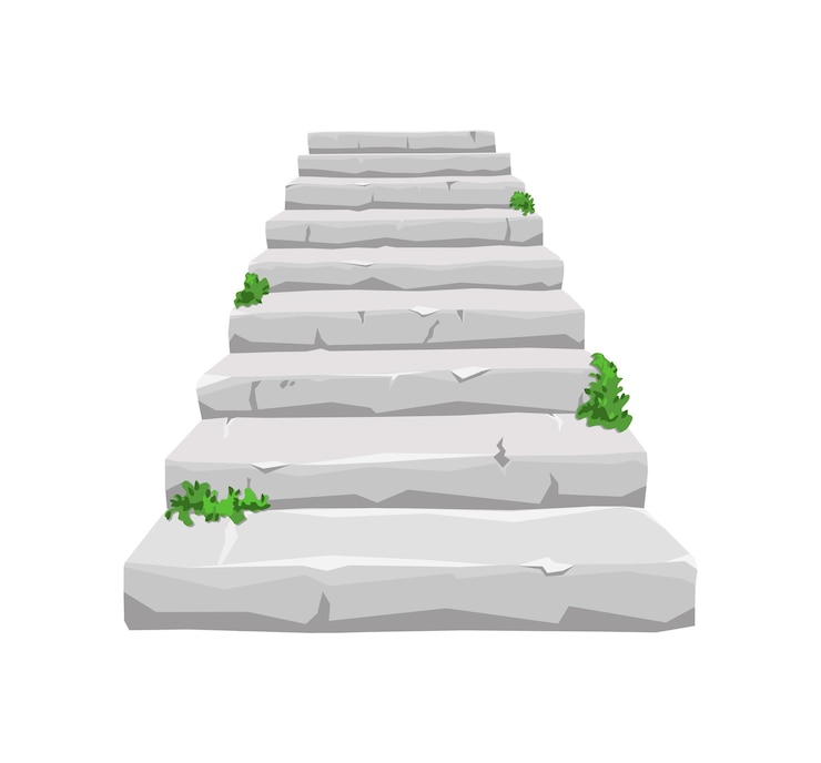 Vector old stone staircase with sprouted greenery on a white isolated background